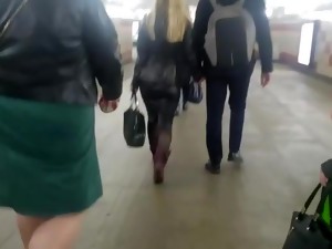 Pretty Blonde's Ass In Leather Skirt