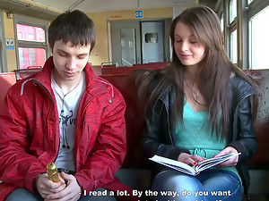 Slutty Beautiful Girl Meets Two Guys in the Train and Has a Threesome